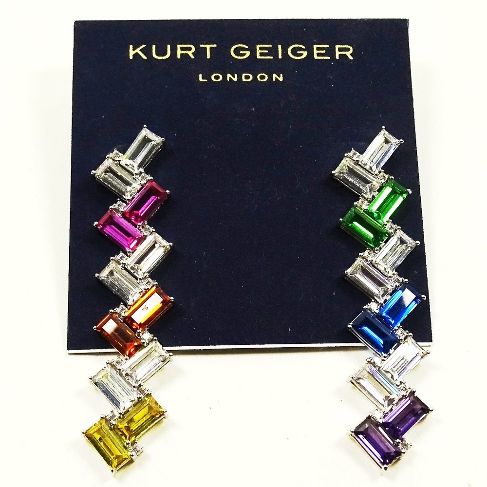 KURT GEIGER Rhodium Plated Multicolor Crystals Dangle Earrings - Picture 6 of 6